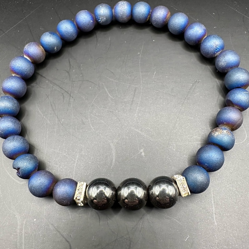 Genuine Hematite & Iridescent Druzy Agate Beaded Bracelet
